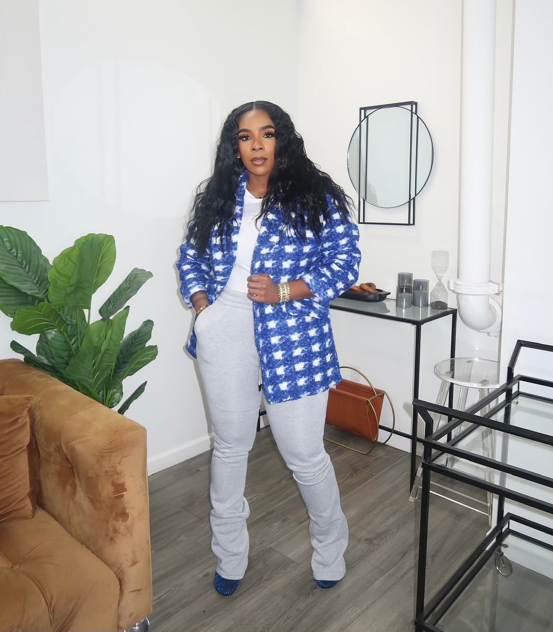 Blue and white teddy pea coat