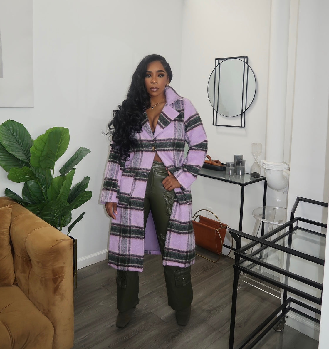 Purple/Green Plaid Furry Trench